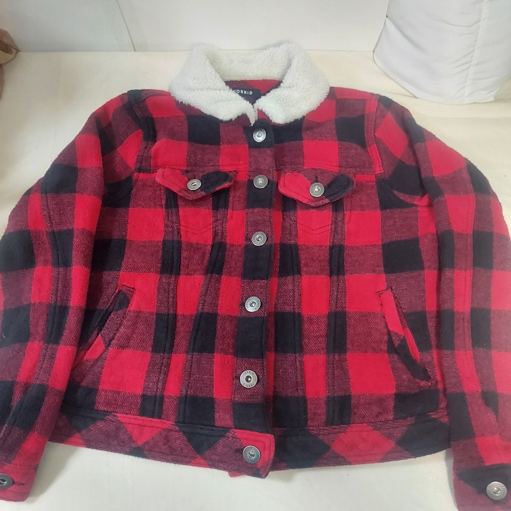 Torrid Women Buffalo Plaid Sherpa Collar Trucker Jacket Red Black Size 00